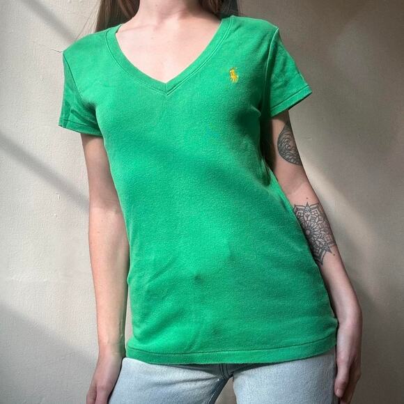 Vintage Ralph Lauren Green V-Neck T-Shirt Women’s Size Small - Picture 2 of 6